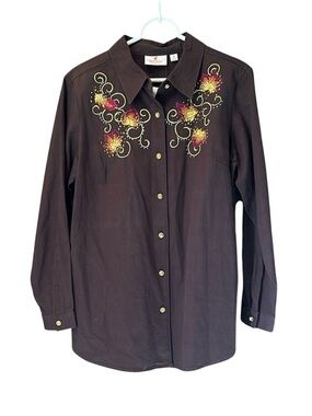 Quacker‎ Factory Espresso Brown Denim Tunic Shirt NWT Medium Floral Embroidered